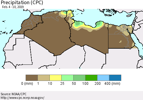 North Africa Precipitation (CPC) Thematic Map For 2/4/2019 - 2/10/2019