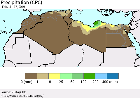 North Africa Precipitation (CPC) Thematic Map For 2/11/2019 - 2/17/2019