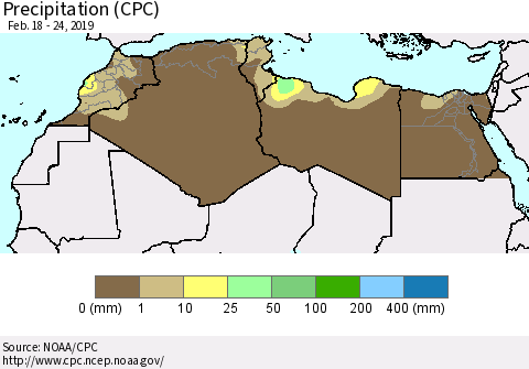 North Africa Precipitation (CPC) Thematic Map For 2/18/2019 - 2/24/2019