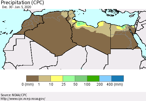 North Africa Precipitation (CPC) Thematic Map For 12/30/2019 - 1/5/2020