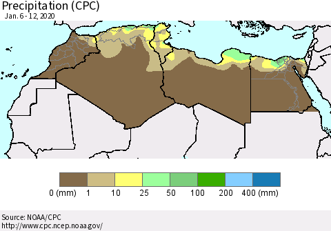 North Africa Precipitation (CPC) Thematic Map For 1/6/2020 - 1/12/2020