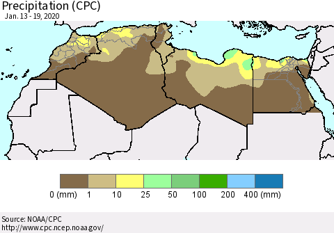 North Africa Precipitation (CPC) Thematic Map For 1/13/2020 - 1/19/2020