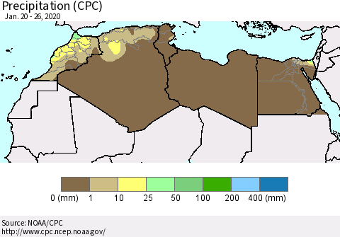 North Africa Precipitation (CPC) Thematic Map For 1/20/2020 - 1/26/2020