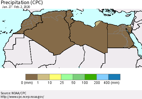 North Africa Precipitation (CPC) Thematic Map For 1/27/2020 - 2/2/2020