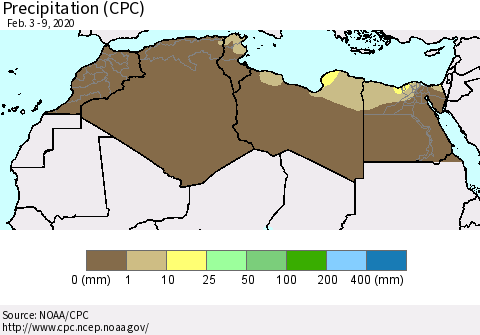 North Africa Precipitation (CPC) Thematic Map For 2/3/2020 - 2/9/2020