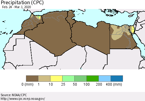 North Africa Precipitation (CPC) Thematic Map For 2/24/2020 - 3/1/2020