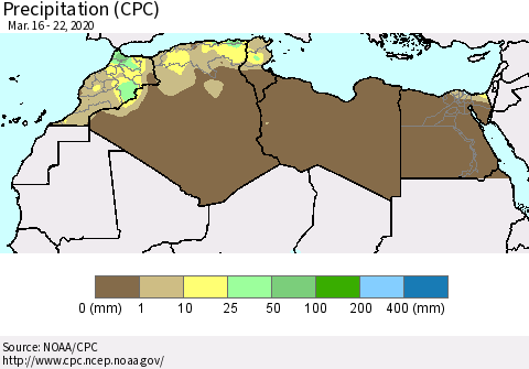 North Africa Precipitation (CPC) Thematic Map For 3/16/2020 - 3/22/2020