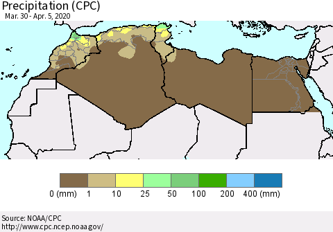 North Africa Precipitation (CPC) Thematic Map For 3/30/2020 - 4/5/2020