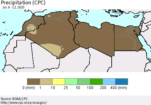 North Africa Precipitation (CPC) Thematic Map For 7/6/2020 - 7/12/2020