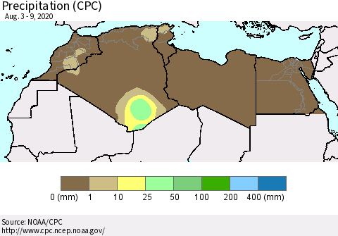 North Africa Precipitation (CPC) Thematic Map For 8/3/2020 - 8/9/2020