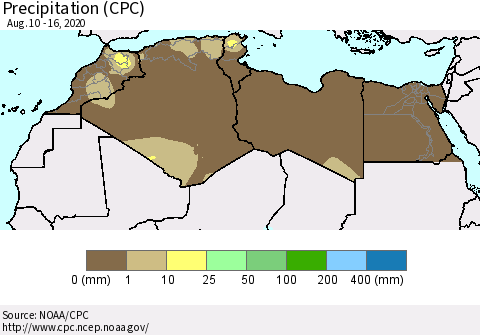 North Africa Precipitation (CPC) Thematic Map For 8/10/2020 - 8/16/2020