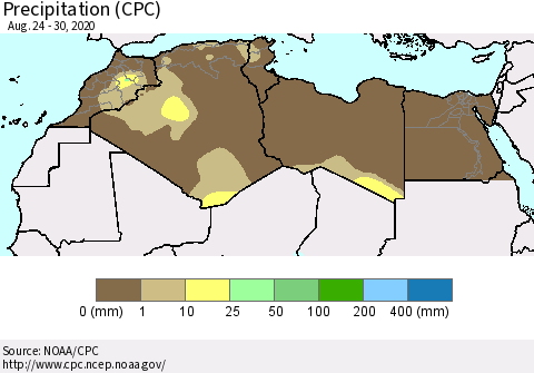 North Africa Precipitation (CPC) Thematic Map For 8/24/2020 - 8/30/2020