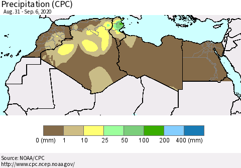 North Africa Precipitation (CPC) Thematic Map For 8/31/2020 - 9/6/2020