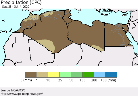 North Africa Precipitation (CPC) Thematic Map For 9/28/2020 - 10/4/2020