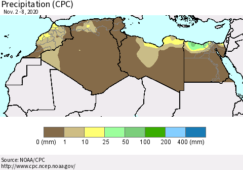 North Africa Precipitation (CPC) Thematic Map For 11/2/2020 - 11/8/2020