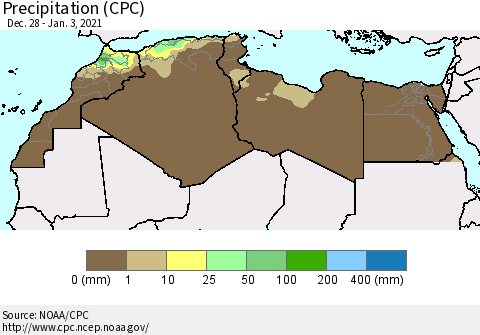 North Africa Precipitation (CPC) Thematic Map For 12/28/2020 - 1/3/2021