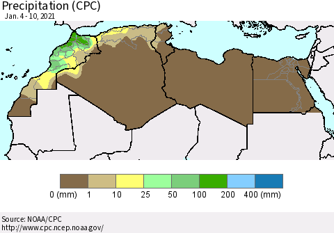North Africa Precipitation (CPC) Thematic Map For 1/4/2021 - 1/10/2021