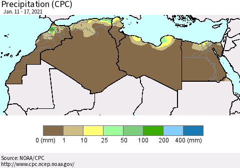 North Africa Precipitation (CPC) Thematic Map For 1/11/2021 - 1/17/2021