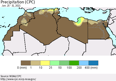 North Africa Precipitation (CPC) Thematic Map For 1/25/2021 - 1/31/2021