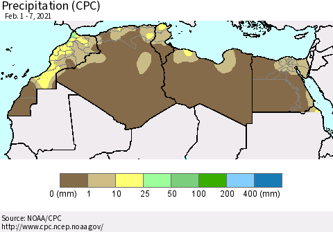 North Africa Precipitation (CPC) Thematic Map For 2/1/2021 - 2/7/2021