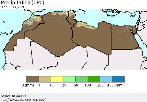 North Africa Precipitation (CPC) Thematic Map For 2/8/2021 - 2/14/2021