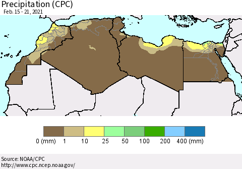 North Africa Precipitation (CPC) Thematic Map For 2/15/2021 - 2/21/2021