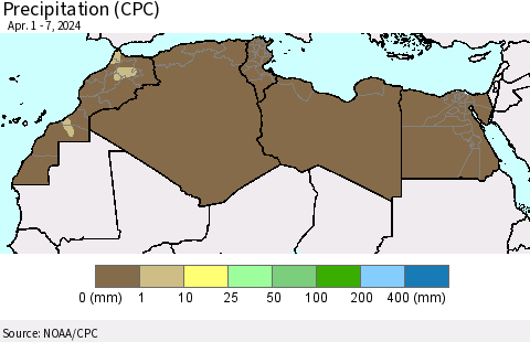 North Africa Precipitation (CPC) Thematic Map For 4/1/2024 - 4/7/2024