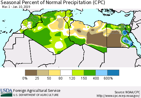 North Africa Seasonal Percent of Normal Precipitation (CPC) Thematic Map For 3/1/2018 - 1/10/2019