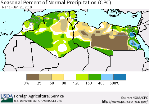 North Africa Seasonal Percent of Normal Precipitation (CPC) Thematic Map For 3/1/2018 - 1/20/2019