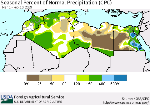 North Africa Seasonal Percent of Normal Precipitation (CPC) Thematic Map For 3/1/2018 - 2/10/2019