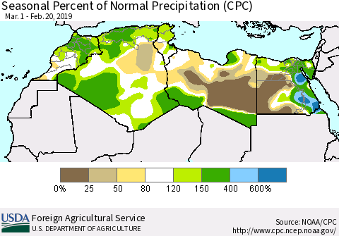 North Africa Seasonal Percent of Normal Precipitation (CPC) Thematic Map For 3/1/2018 - 2/20/2019