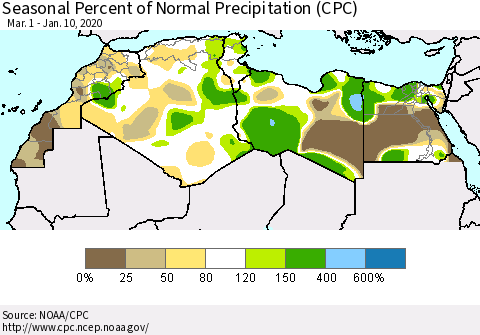 North Africa Seasonal Percent of Normal Precipitation (CPC) Thematic Map For 3/1/2019 - 1/10/2020