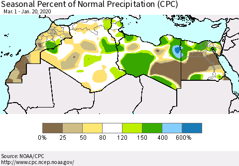 North Africa Seasonal Percent of Normal Precipitation (CPC) Thematic Map For 3/1/2019 - 1/20/2020