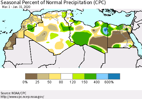 North Africa Seasonal Percent of Normal Precipitation (CPC) Thematic Map For 3/1/2019 - 1/31/2020