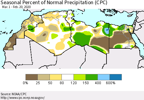North Africa Seasonal Percent of Normal Precipitation (CPC) Thematic Map For 3/1/2019 - 2/20/2020