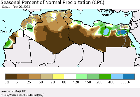 North Africa Seasonal Percent of Normal Precipitation (CPC) Thematic Map For 9/1/2022 - 2/20/2023
