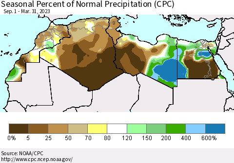 North Africa Seasonal Percent of Normal Precipitation (CPC) Thematic Map For 9/1/2022 - 3/31/2023