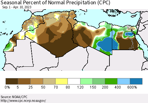 North Africa Seasonal Percent of Normal Precipitation (CPC) Thematic Map For 9/1/2022 - 4/10/2023