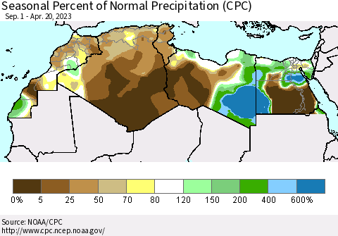 North Africa Seasonal Percent of Normal Precipitation (CPC) Thematic Map For 9/1/2022 - 4/20/2023