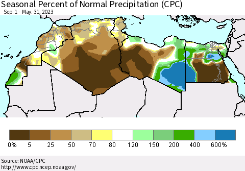 North Africa Seasonal Percent of Normal Precipitation (CPC) Thematic Map For 9/1/2022 - 5/31/2023