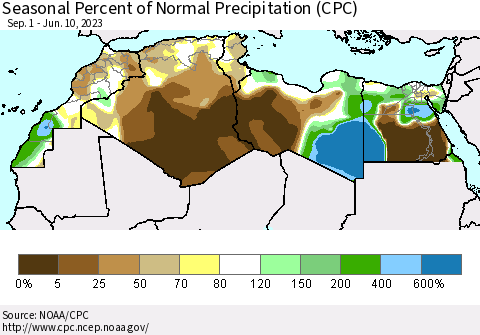 North Africa Seasonal Percent of Normal Precipitation (CPC) Thematic Map For 9/1/2022 - 6/10/2023