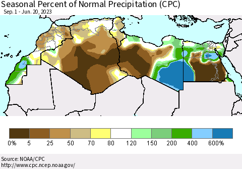 North Africa Seasonal Percent of Normal Precipitation (CPC) Thematic Map For 9/1/2022 - 6/20/2023