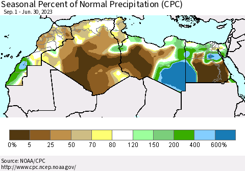 North Africa Seasonal Percent of Normal Precipitation (CPC) Thematic Map For 9/1/2022 - 6/30/2023