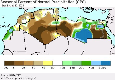 North Africa Seasonal Percent of Normal Precipitation (CPC) Thematic Map For 9/1/2022 - 7/10/2023