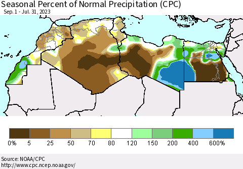 North Africa Seasonal Percent of Normal Precipitation (CPC) Thematic Map For 9/1/2022 - 7/31/2023