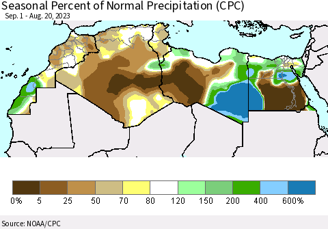 North Africa Seasonal Percent of Normal Precipitation (CPC) Thematic Map For 9/1/2022 - 8/20/2023