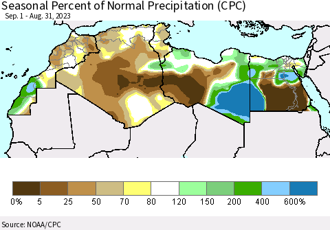North Africa Seasonal Percent of Normal Precipitation (CPC) Thematic Map For 9/1/2022 - 8/31/2023