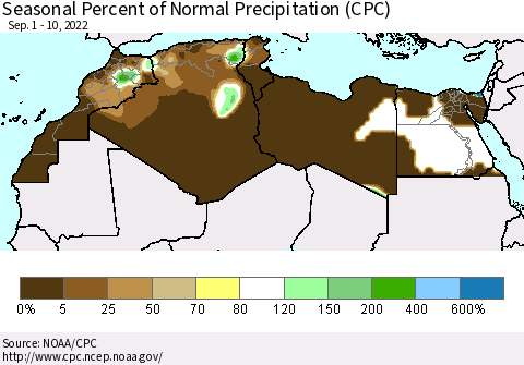 North Africa Seasonal Percent of Normal Precipitation (CPC) Thematic Map For 9/1/2022 - 9/10/2022