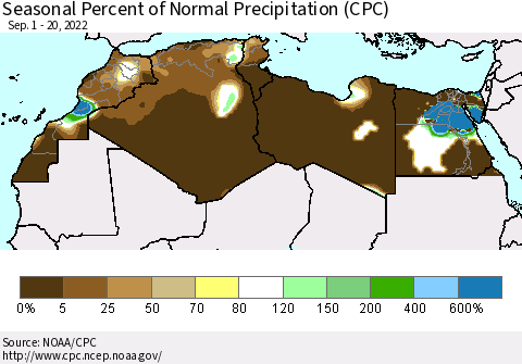 North Africa Seasonal Percent of Normal Precipitation (CPC) Thematic Map For 9/1/2022 - 9/20/2022