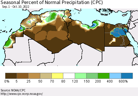 North Africa Seasonal Percent of Normal Precipitation (CPC) Thematic Map For 9/1/2022 - 10/10/2022
